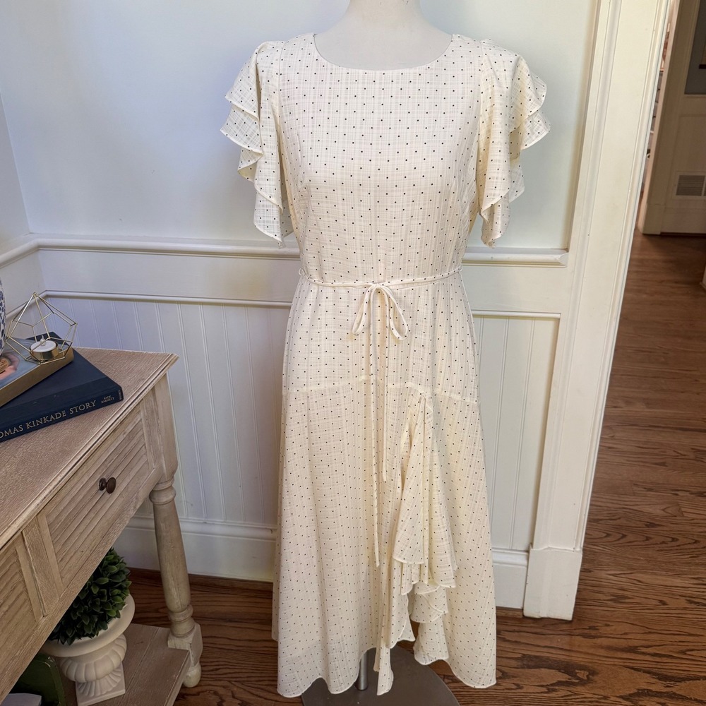 Maison Tara Cream Polka Dot Ruffle Sleeve‎ Asymmetrical Midi Dress Womens 6